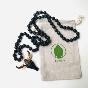 Bull Horn Lava Stone Aromatherapy Gold Mala Bead Necklace